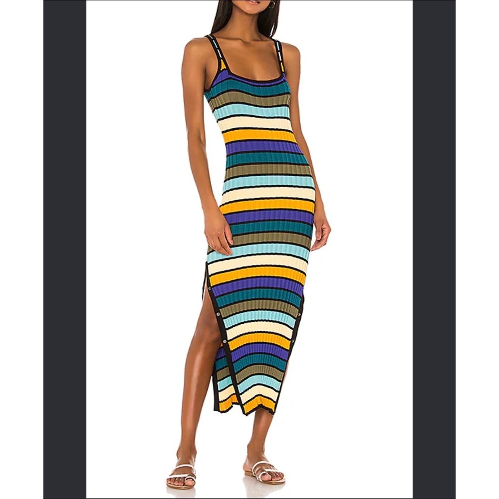 Solid & Striped Ribbed Knit Midi Dress Multicolor Stripe Snap Slit